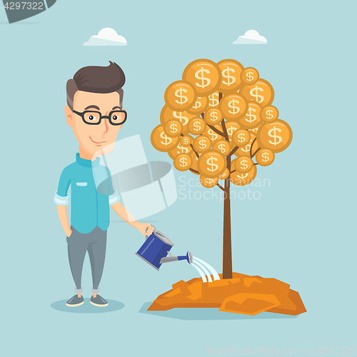 Image of Man watering money tree vector illustration.