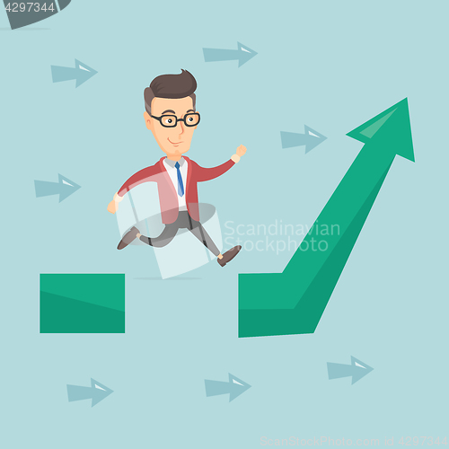 Image of Business man jumping over gap on arrow going up.