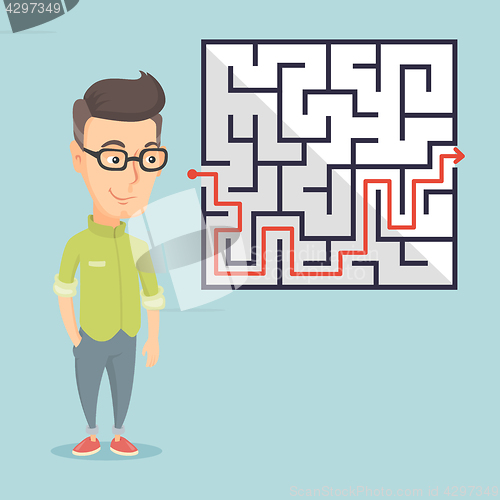 Image of Business man looking at labyrinth with solution.