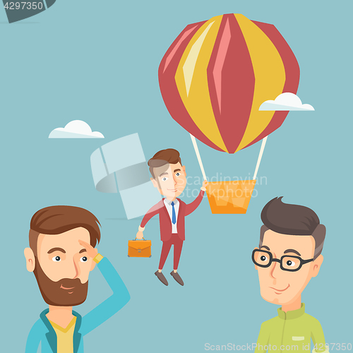 Image of Business man hanging on balloon.