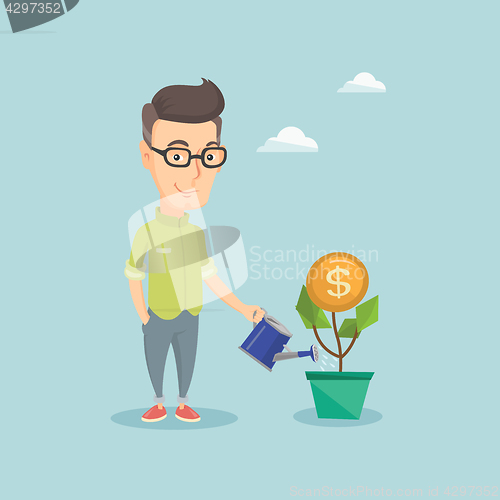 Image of Business man watering money flower.