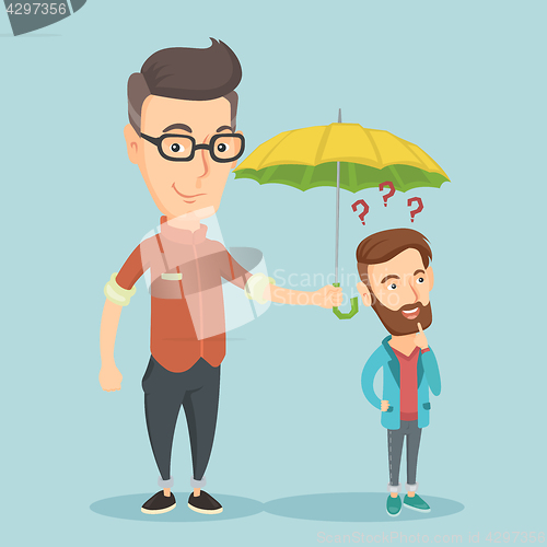 Image of Businessman holding umbrella over man.