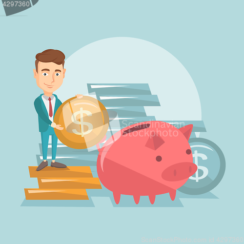 Image of Business man putting coin in piggy bank.