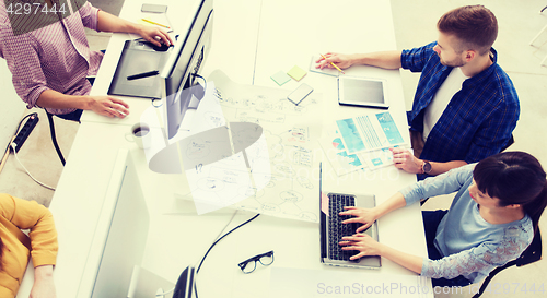 Image of creative team with computers, blueprint at office