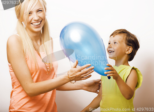 Image of pretty real family with color balloons on white background, blon