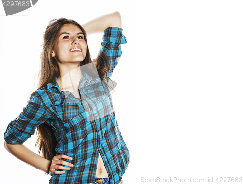 Image of young pretty woman posing on white background isolated emotional