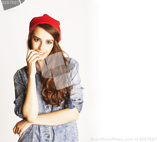 Image of young cheerful brunette teenage girl on white background