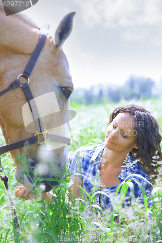 Image of Woman and horse together at paddock