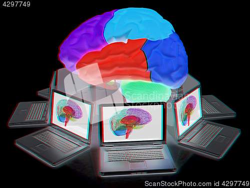 Image of Computers connected to central brain. 3d render. Anaglyph. View 
