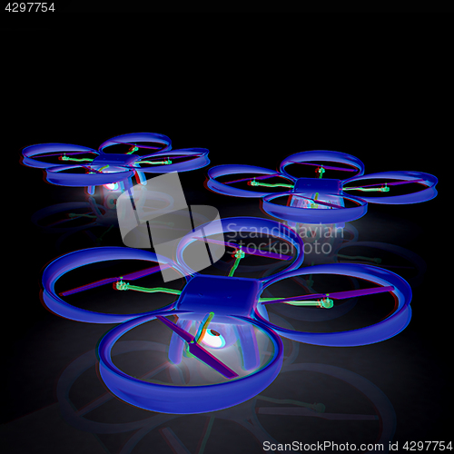 Image of Drone, quadrocopter, with photo camera. 3d render. Anaglyph. Vie