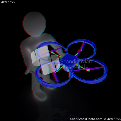 Image of 3d man with drone, quadrocopter, with photo camera. 3d render. 3