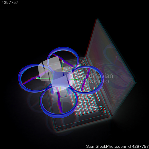 Image of Drone and laptop. 3D render. Anaglyph. View with red/cyan glasse