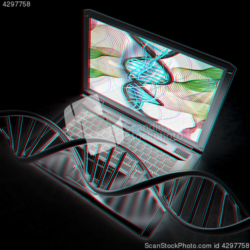 Image of Laptop with dna medical model background on laptop screen. 3d il