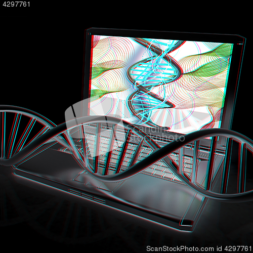 Image of Laptop with dna medical model background on laptop screen. 3d il