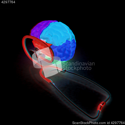 Image of stethoscope and brain. 3d illustration. Anaglyph. View with red/