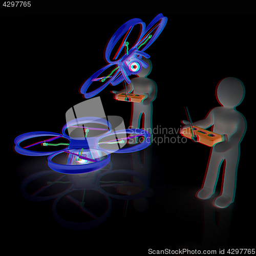 Image of 3d man with drone, quadrocopter, with photo camera. 3d render. 3