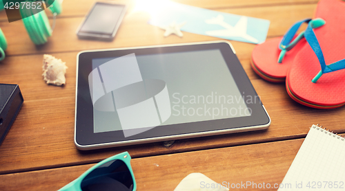 Image of close up of tablet pc and travel stuff