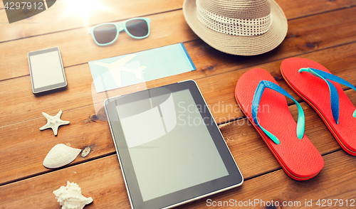 Image of close up of tablet pc and travel stuff