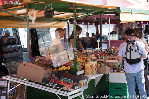 Image of BERGEN MARKET SQUARE, NORWAY - MAY 27, 2017: Grocery stores that