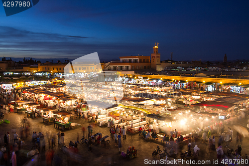 Image of Jamaa el Fna market square at dusk, Marrakesh, Morocco, north Africa.