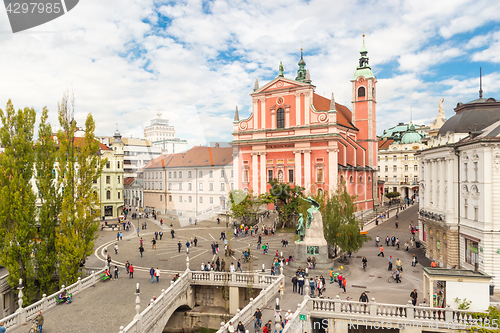 Image of Preseren square and Franciscan Church of the Annunciation, Ljubljana, Slovenia, Europe.