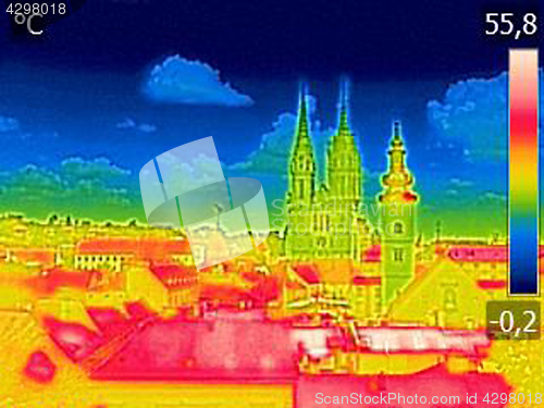 Image of Infrared thermovision image panorama of Zagreb, showing differen