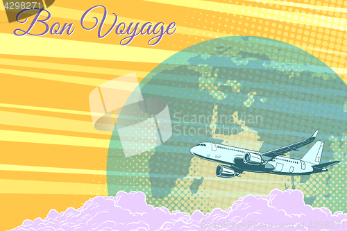Image of Plane flight travel tourism retro background Bon voyage