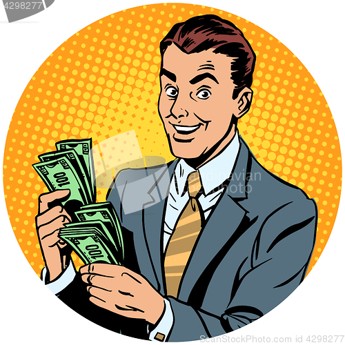 Image of businessman counts money pop art avatar character icon