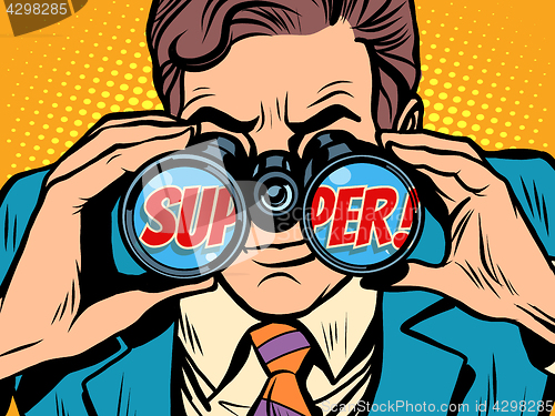 Image of super Businessman looking through binoculars