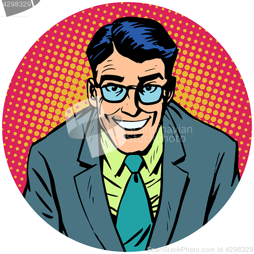 Image of smiling man with glasses Round avatar icon symbol character imag