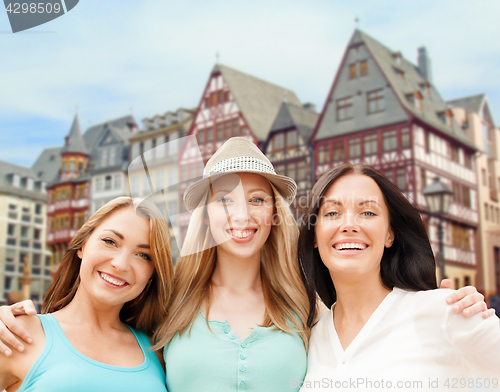 Image of happy women over frankfurt am main background
