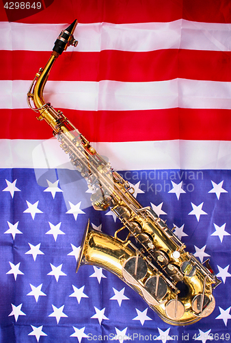 Image of saxophone and USA flag