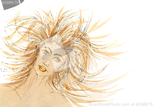 Image of Woman portrait with hair blowing in the wind