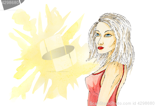 Image of Woman portrait in red dress with watercolor splash