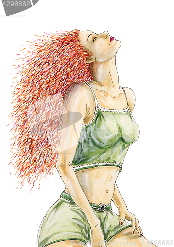 Image of Woman with hot red curly hairstyle