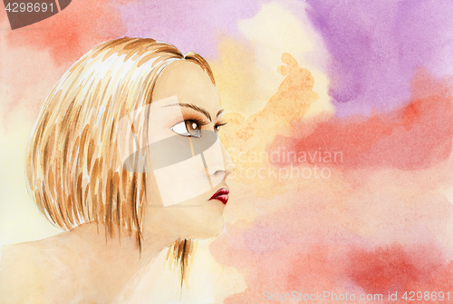 Image of Portrait of young woman over fantasy watercolor background