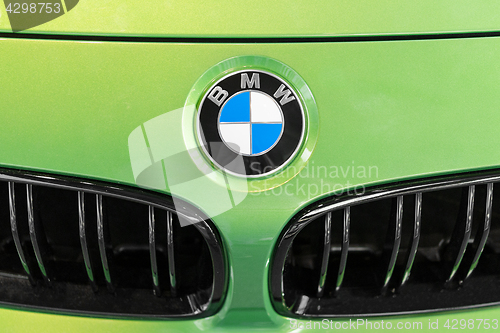 Image of BMW logo on green lime hood of presentable luxury car