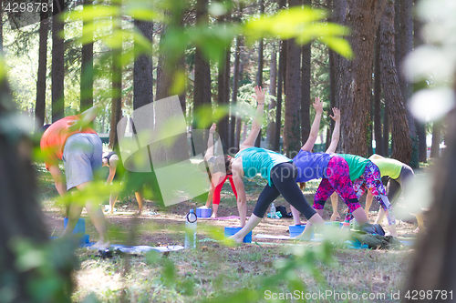 Image of Group of young people practising yoga outdoors.