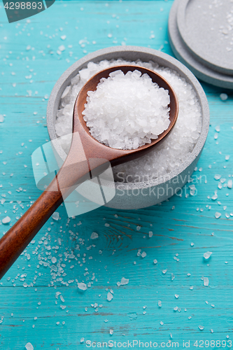 Image of sea salt in stone bowl and wooden spoon