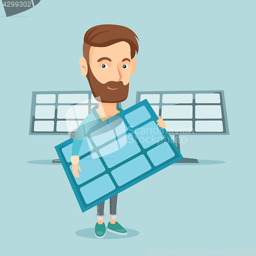 Image of Man holding solar panel vector illustration.