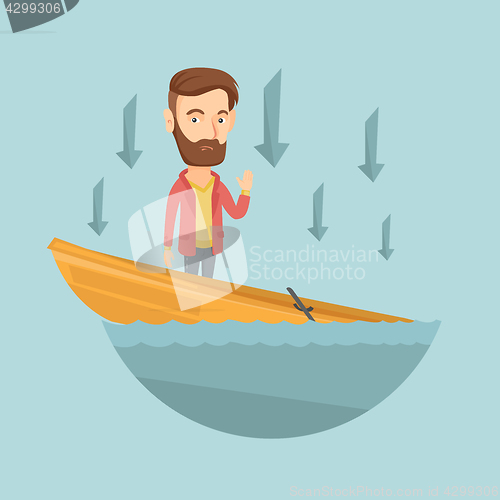 Image of Business man standing in sinking boat.