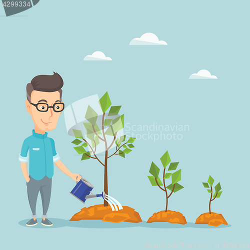 Image of Business man watering trees vector illustration.