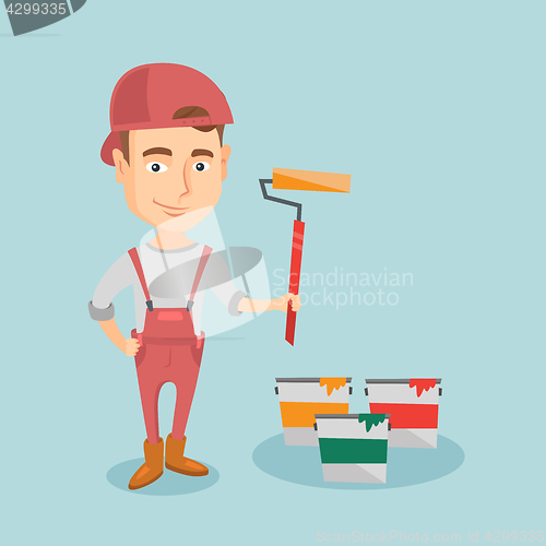 Image of Painter holding paint roller vector illustration.