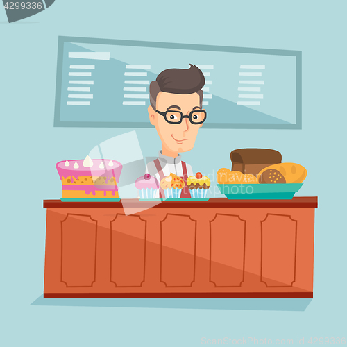 Image of Worker standing behind the counter at the bakery.