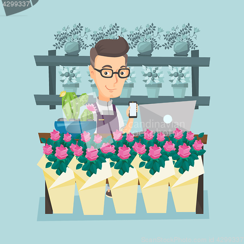 Image of Florist at flower shop vector illustration.