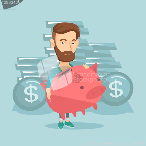 Image of Business man holding big piggy bank.