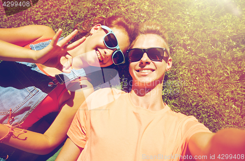 Image of happy teenage couple taking selfie on summer grass