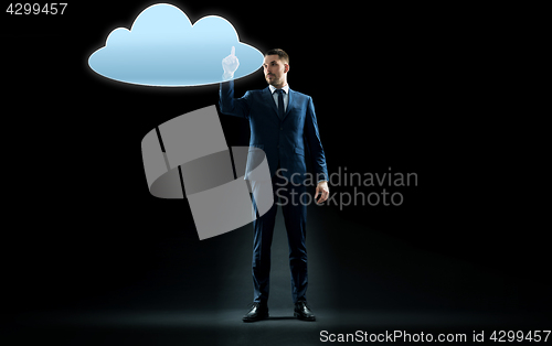 Image of businessman touching virtual cloud hologram