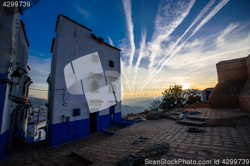 Image of Sunset in Chefchaouen, the blue city in the Morocco.