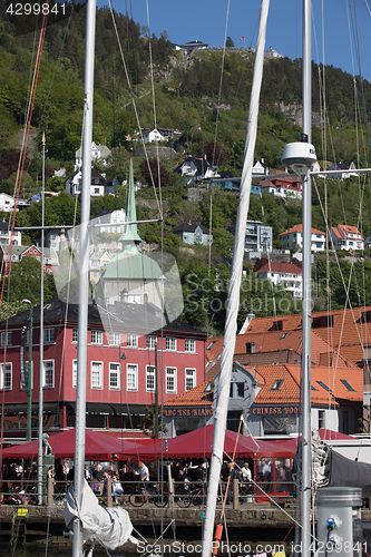 Image of BERGEN HARBOR, NORWAY - MAY 27, 2017: Private boats on a row alo